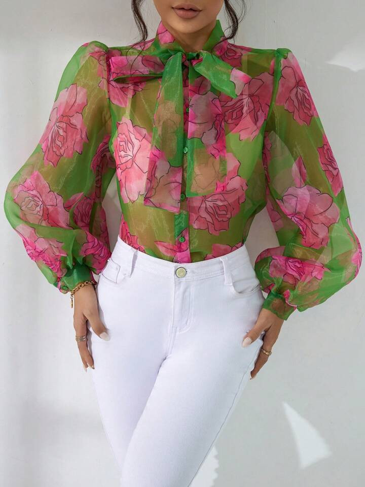 SHEIN Clasi Floral Print Tie Neck Puff Sleeve Organza Blouse Without Bra | SHEIN