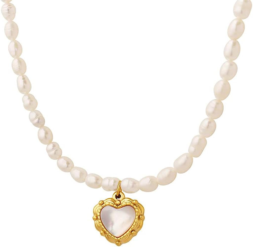 14K Yellow Gold Pearl Love Choker Necklace,Freshwater Cultured Pearl Pendant Necklaces,Fashion Jewel | Amazon (US)
