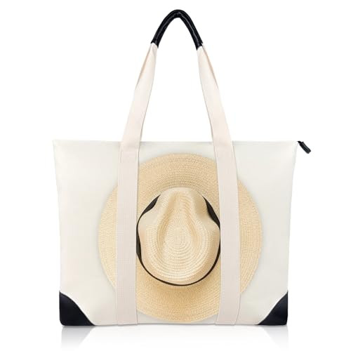 Travel Tote Bag with Hat Holder Strap, Canvas Beach Tote with Leather Accents, Hat Holder for Tra... | Amazon (US)