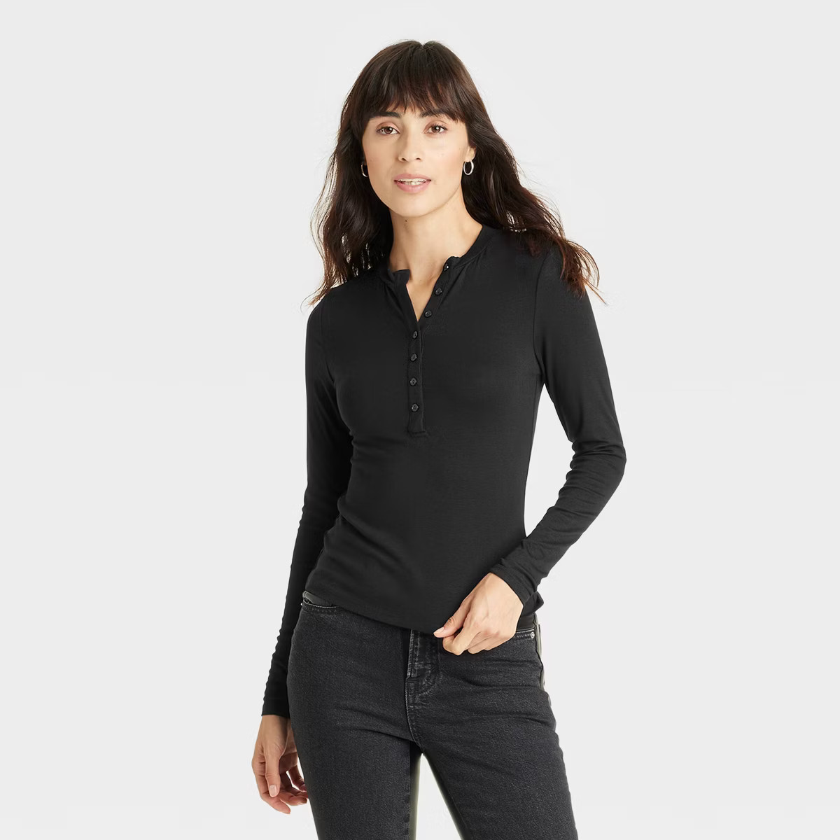 Women's Long Sleeve Henley Neck T-Shirt - Universal Thread™ Black M | Target