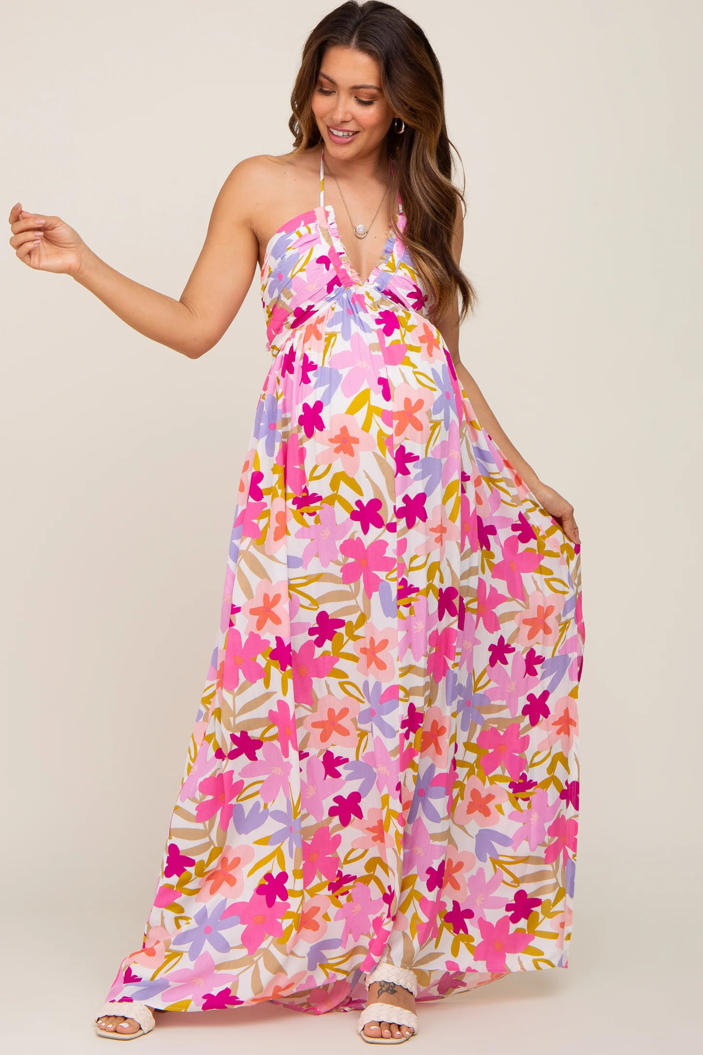 Fuchsia Floral Deep V Halter Maternity Maxi Dress | PinkBlush Maternity