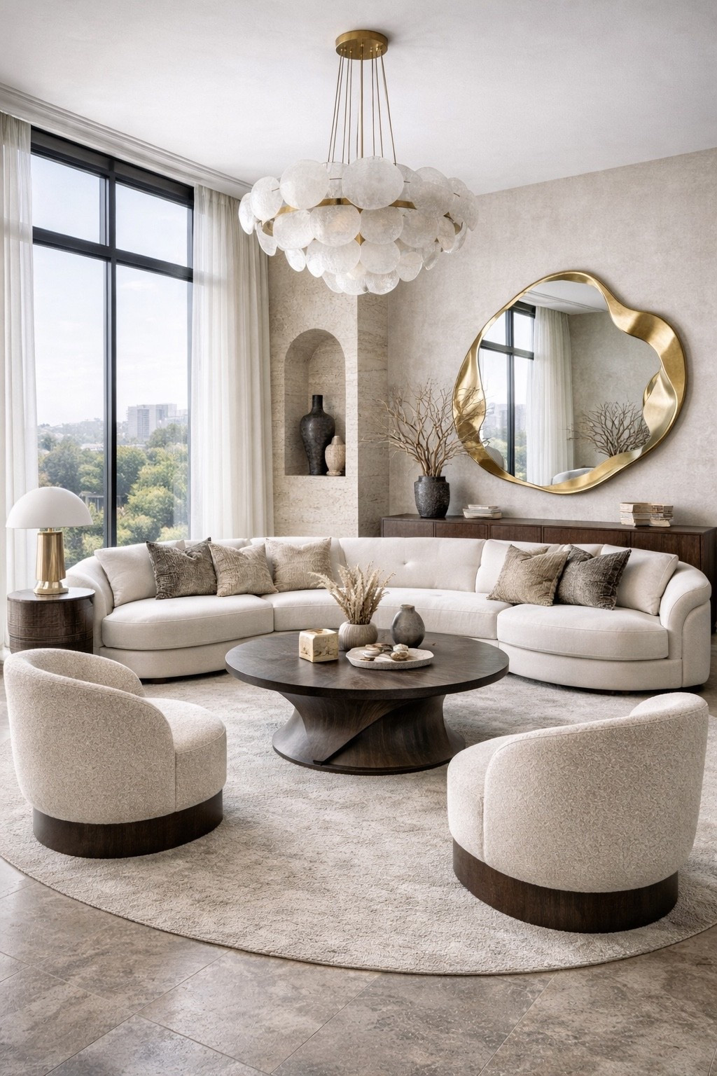 Elegant neutral living room featuring a sculptural curved sofa, boucle accent chairs, and a modern cloud chandelier. Soft beige tones, organic textures, and a statement gold mirror create a calm luxury interior inspired by contemporary European and Miami design. Perfect inspiration for modern homes and cozy minimalist spaces.

#luxurylivingroom #neutralinterior #beigeaesthetic #curvedsofa #bouclechairs #modernlivingroom #luxuryhome #pinteresthome #ltkhome #minimalisthome #interiorinspo #moderninterior #neutraldecor #homedecorideas #livingroomdesign