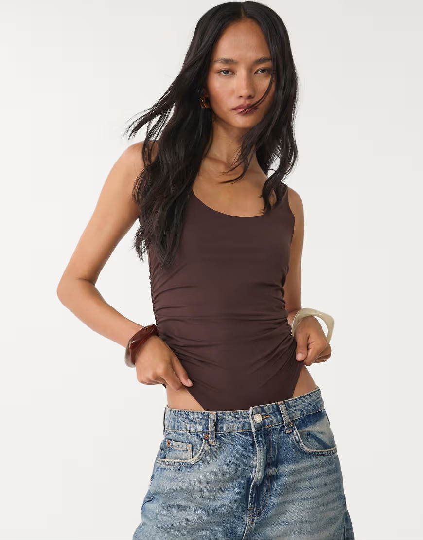 Stradivarius Gathered polyamide bodysuit in brown | ASOS (Global)