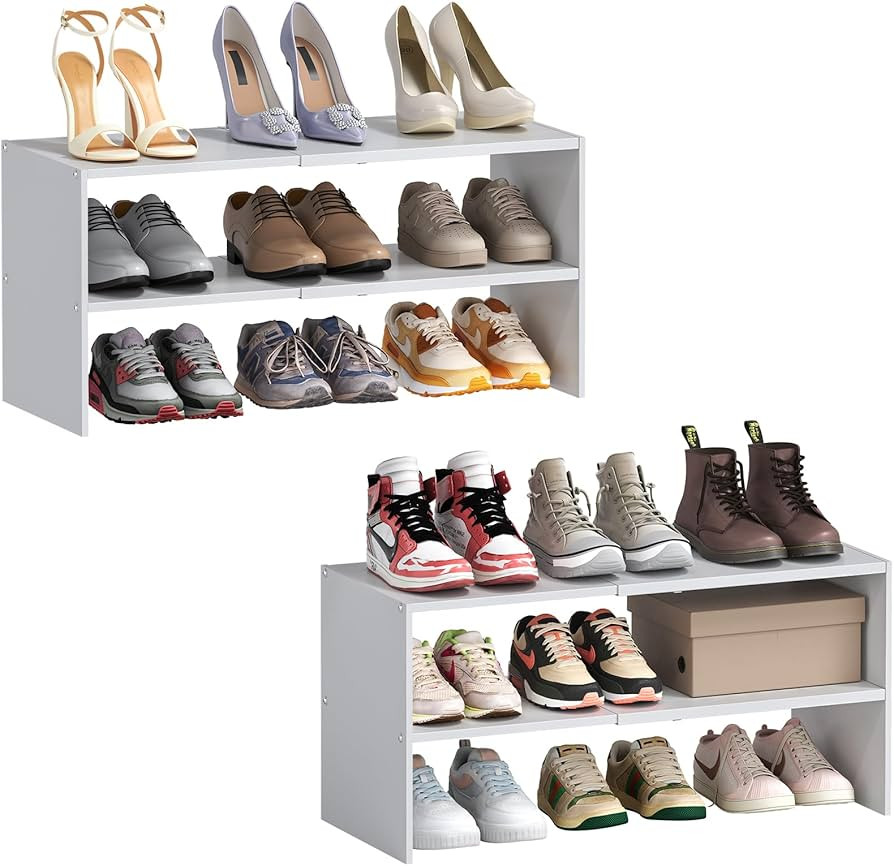 2 Pack Expandable White Shoe Rack Organizer for Closet, 2-Tier Stackable Shoe Storage Shelf, Smal... | Amazon (US)