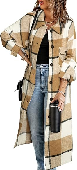 SHEWIN Women's Casual Lapel Button Down Long Plaid Shirts Coat Tartan Shacket Jacket | Amazon (US)