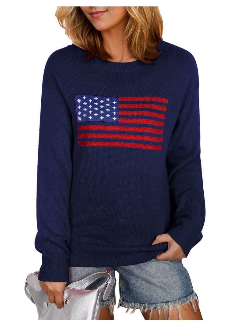 American Flag Graphic Sweaters for Women 4th of July Crew Neck Sweater Long Sleeve Casual Knit Pu... | Walmart (US)