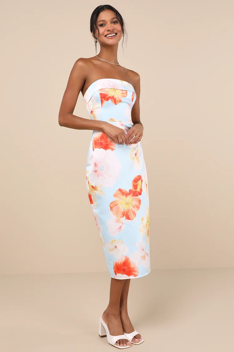 Oriana Light Blue Floral Satin Strapless Midi Dress | Lulus