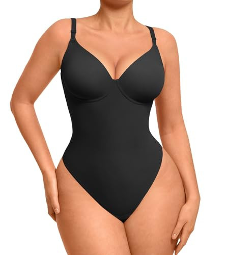 FeelinGirl Shapewear Bodysuits for Women Tummy Control, Plus Size Thong Body Suit Deep V Neck Croset Top Body Shaper, Black, 3XL | Amazon (US)