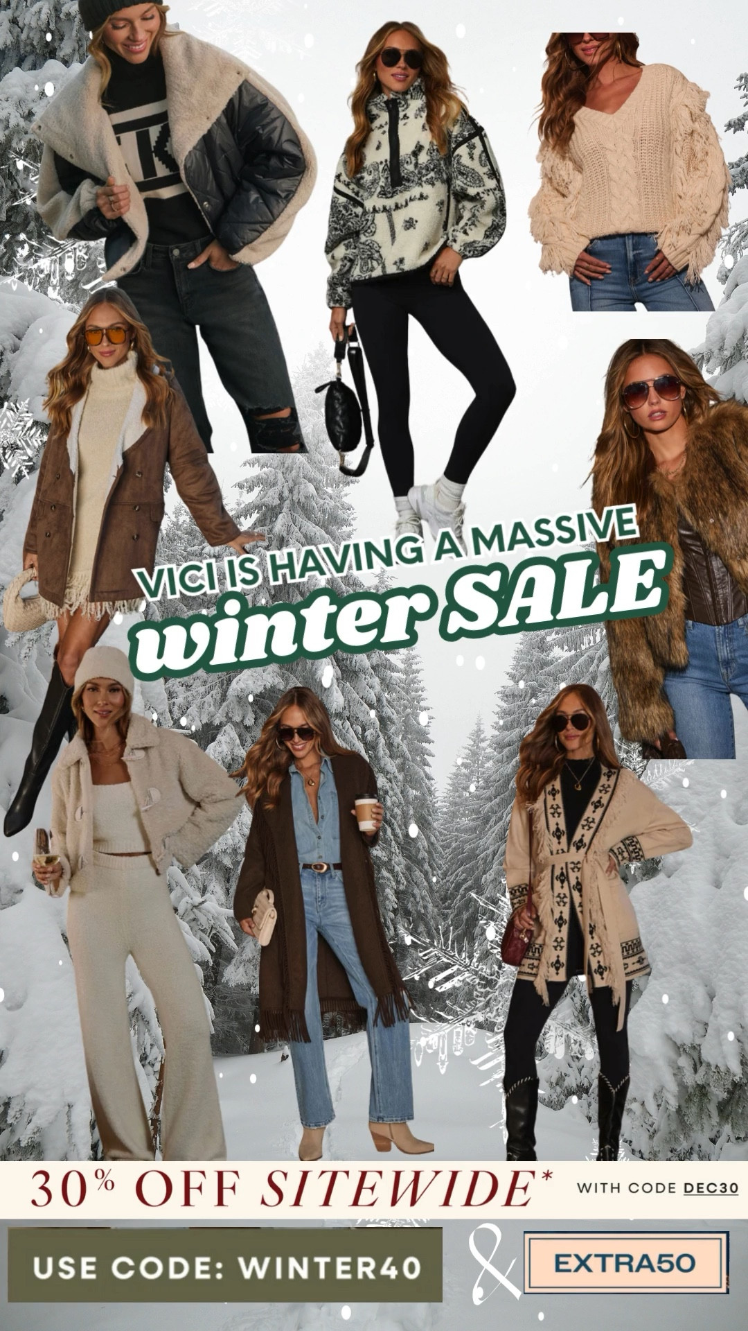 Stack your codes! Vici is serving up the best winter looks to keep you cute and cozy all winter long. 

Use code DEC30 for 30% off site wide

Try codes:
Merry50
Winter40
Extra50


#LTKHoliday #LTKSaleAlert #LTKMidsize