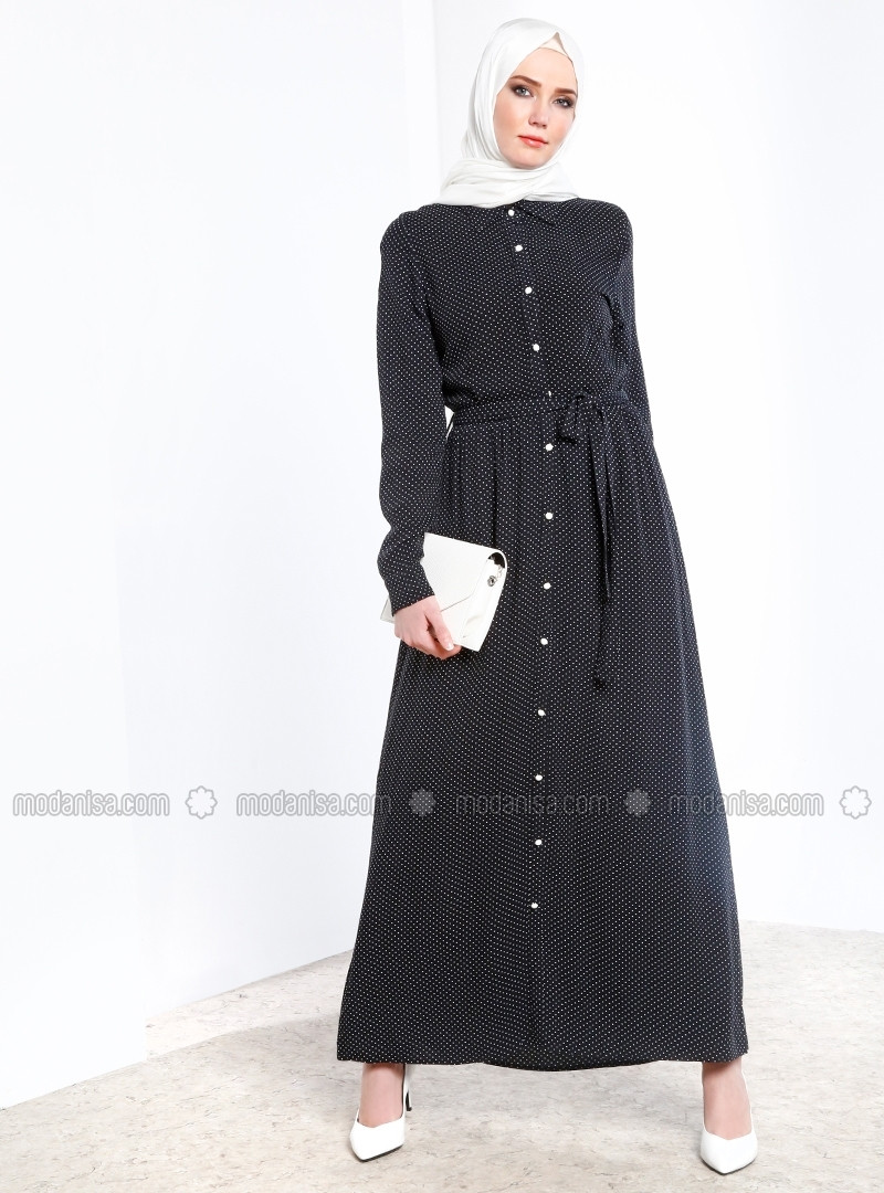 Noir - A pois - Col français - Tissu doublé - Viscose - Robe - Refka | Modanisa FR