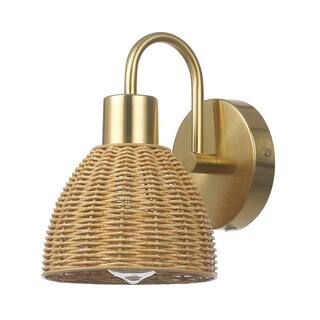 Globe Electric Isla 1-Light Matte Brass Plug-In or Hardwire Wall Sconce with Faux Rattan Shade 65... | The Home Depot