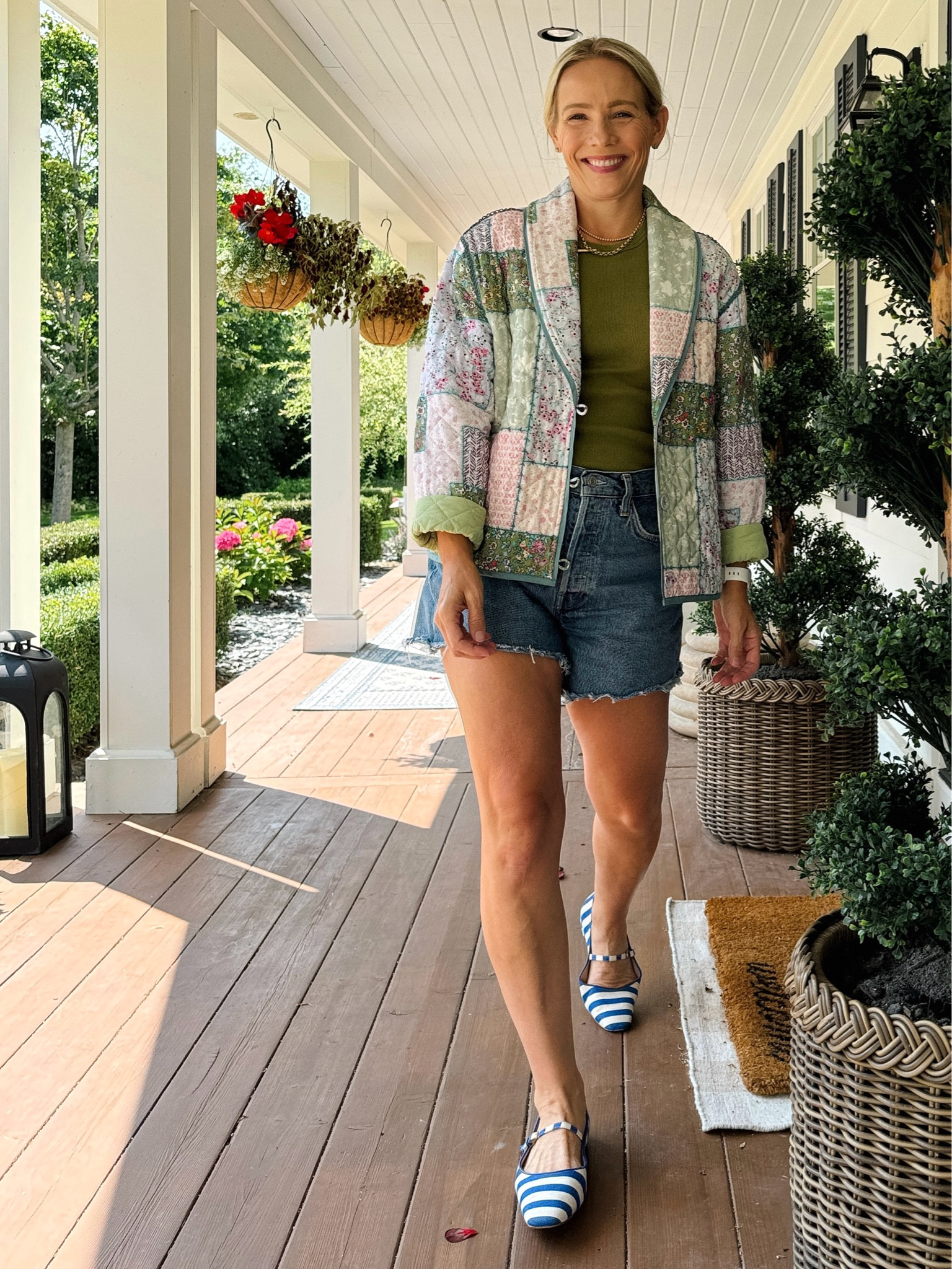 Quilted jacket Paired with agolde denim shorts, everyday casual tank, Boden stripe Mary Jane flats. 
♥️ Claire 

#LTKSeasonal #LTKOver40 #LTKFindsUnder100