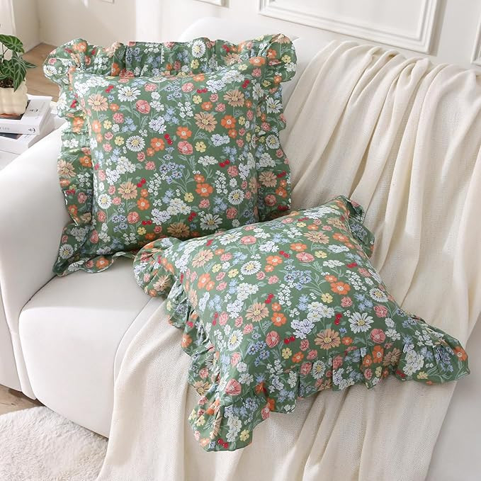 2 Pack Floral Ruffle Throw Pillow Covers Farmhouse Green Garden Flowers Country Chic Washed Cotto... | Amazon (US)
