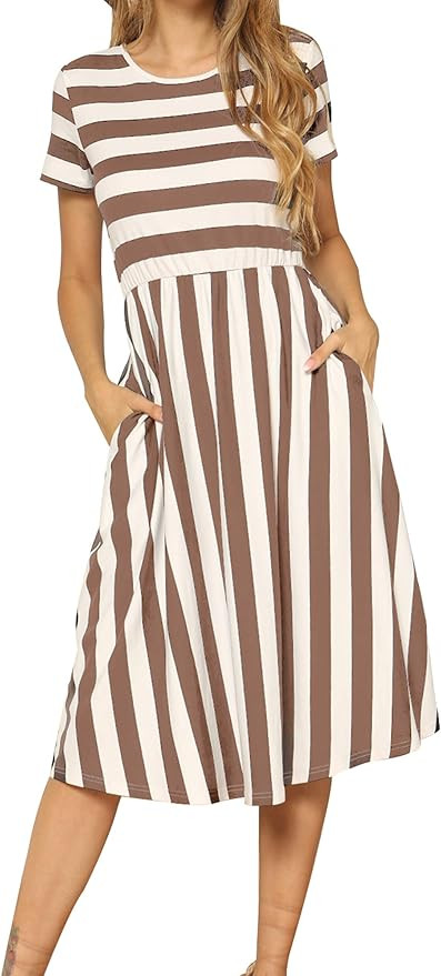 levaca Women's Casual Short Sleeve Striped Swing Midi Dress with Pockets | Amazon (US)