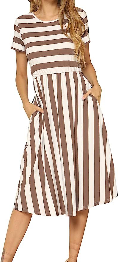 levaca Women's Casual Short Sleeve Striped Swing Midi Dress with Pockets | Amazon (US)
