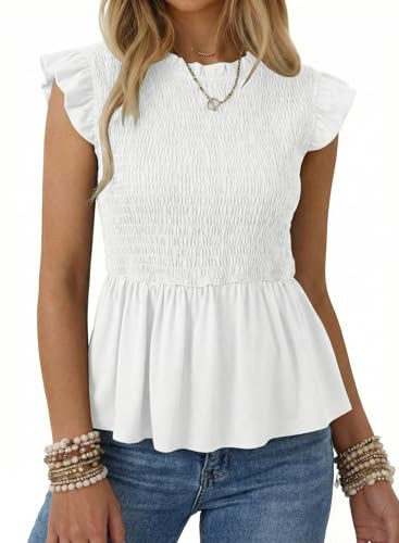 SHEWIN Womens Blouses Peplum Babydoll Summer Tops Ruffle Sleeve Dressy Casual Elegant Ladies Soli... | Amazon (US)