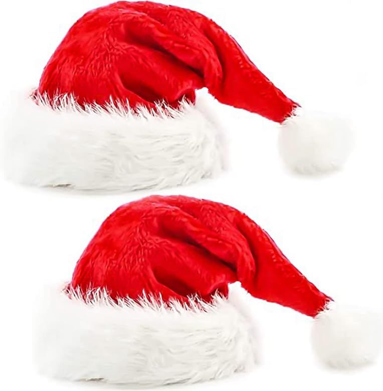 2pcs Santa Hats Set for Adult Red Fluffy Christmas Santa Hat for Adults Men Women with Plush Brim... | Amazon (US)