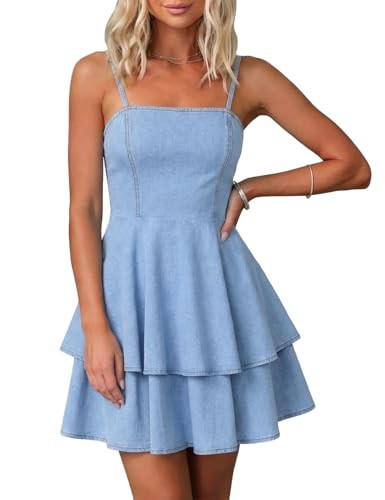 FOMELY Denim Dress for Women Ruffle Sexy Spaghetti Strap Backless Mini Jean Dress Dark Blue at Am... | Amazon (US)