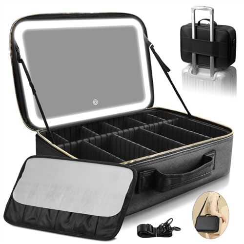 Upgraded Large Travel Makeup Bag with LED Mirror, 15” Professional Makeup Case with 3 Color Modes Dimming Lighted Mirror, Light up Cosmetic Make up Organizer with PU Leather Cover, Adjustable Dividers | Amazon (US)