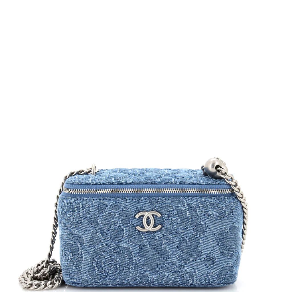 Sweet Heart Vanity Case with Chain Quilted Camellia Denim Small | Rebag