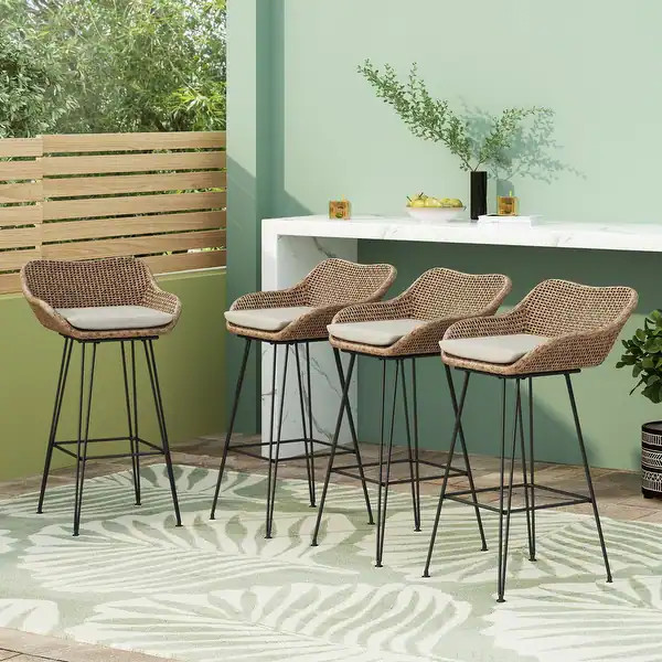 Kevin Outdoor Wicker and Iron Barstool (Set of 4) by Christopher Knight Home - Light Brown/ Black... | Bed Bath & Beyond