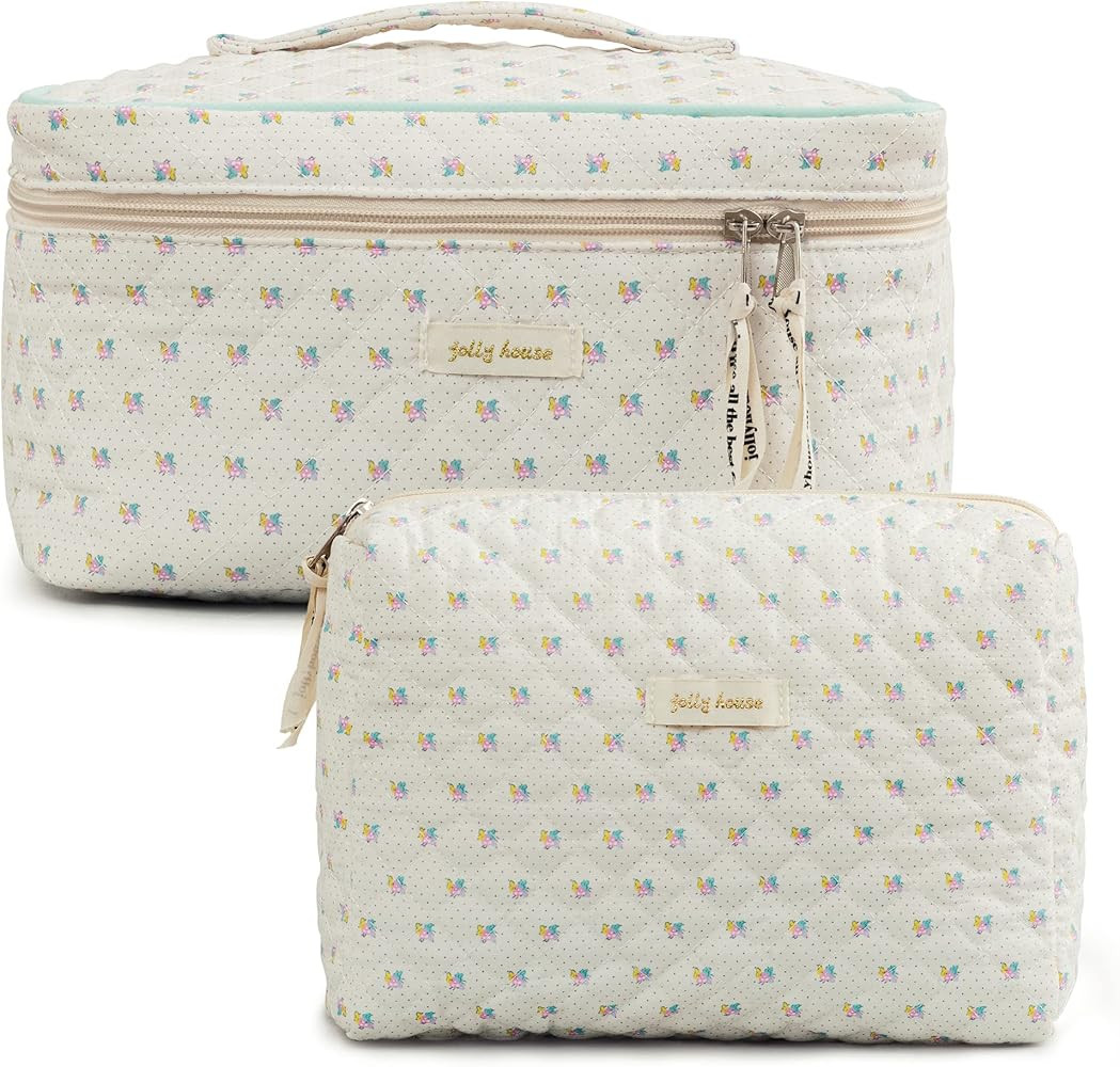 HBselect 2Pcs Cotton Quilted Makeup Bag Coquette Makeup Bag Large Travel Cosmetic Bag Aesthetic C... | Amazon (US)