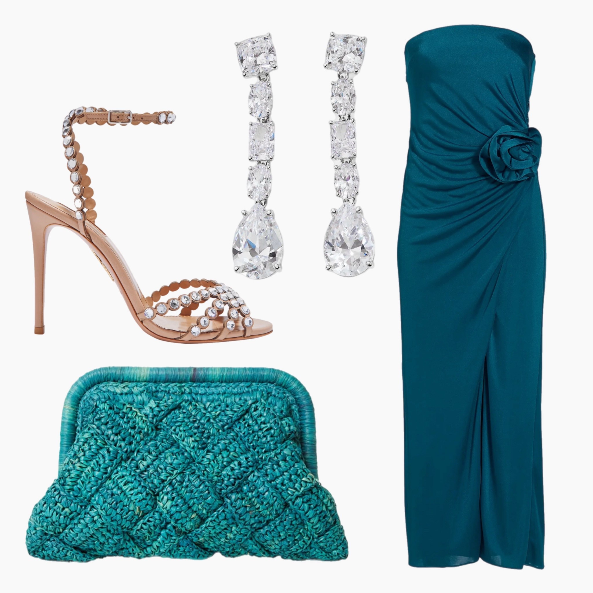 Ocean jewel tones and crystal sparkle 💎 This strapless teal gown with rosette detail is perfect for a formal beachside soirée or destination wedding. Finished with statement drop earrings, raffia clutch, and crystal-studded heels for an elegant island glam vibe.
#EveningGlam #ResortWeddingStyle #TealTones #FormalVacationLook #DestinationChic #LTKUnderTheSun #CoastalElegance #TropicalGlamour

#LTKShoeCrush #LTKItBag #LTKStyleTip