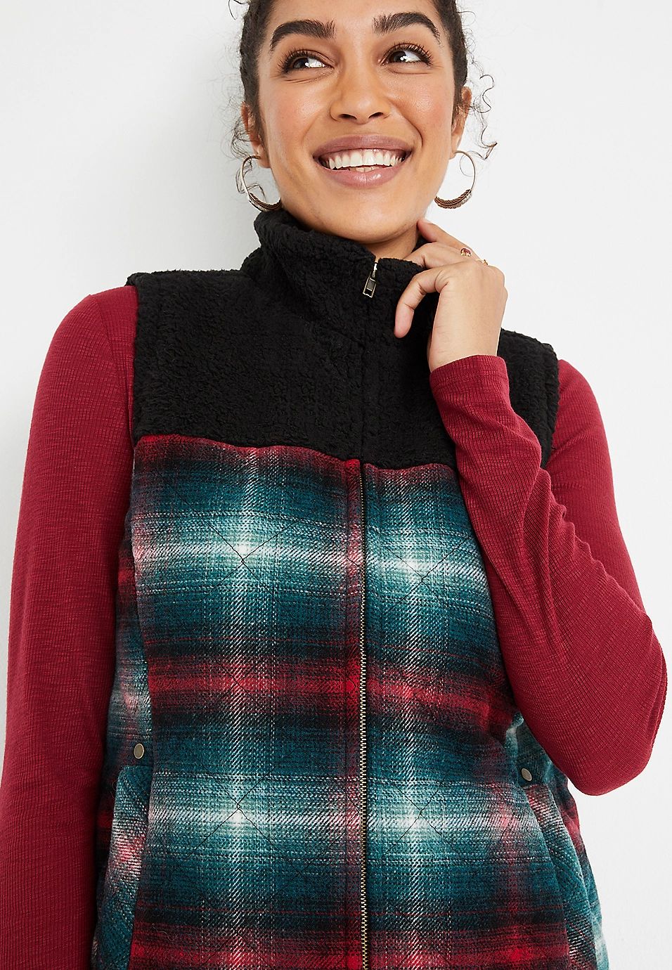 Teal Plaid Sherpa Block Vest | Maurices