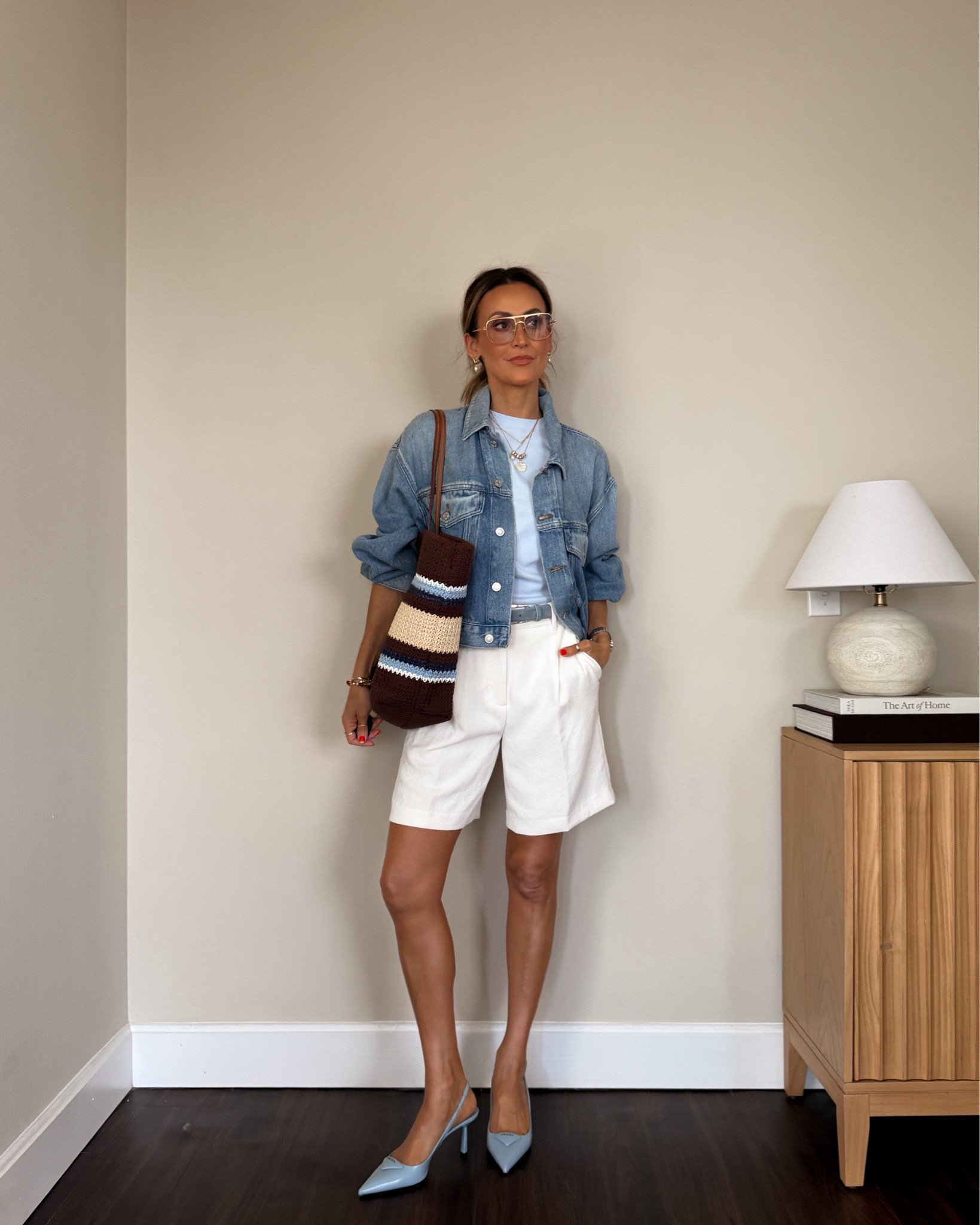 Bermuda shorts East coast vibes 🤍🤎💙 the denim jacket that is so extremely soft it feels like fleece. Jersey tee, crochet bag 
Shorts size 2, xs tee and jacket

#LTKootd #LTKSeasonal #LTKOver40