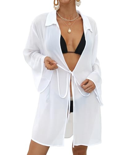 Bsubseach Chiffon Bathing Suit Cover Ups for Women Sheer Swimsuit Coverup Long Sleeve Beachwear White | Amazon (US)