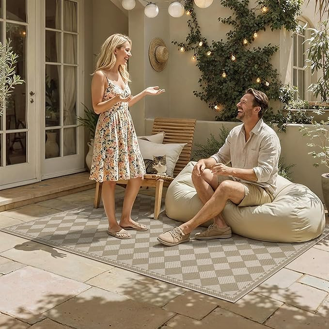 3x5 Beige Brown Checkered Linen Look Indoor Outdoor Rug for Patio | Linen Look, High Traffic, Fol... | Amazon (US)
