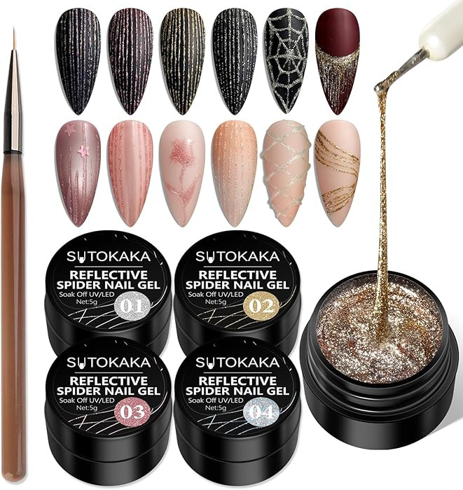Reflective Glitter Spider Gel, 4 Colors Sparkle Diamond Sliver Gold Pink Elastic Spider Gel Polis... | Amazon (US)