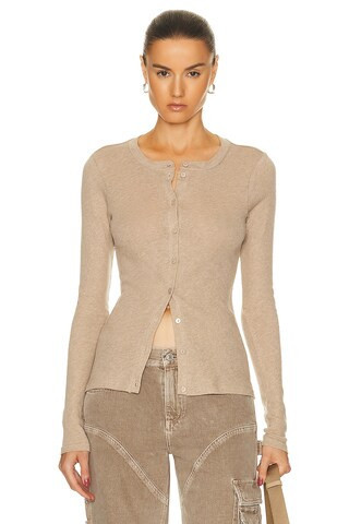 Enza Costa Cashmere Long Sleeve Cardigan in Khaki - Beige. Size L (also in M, S). | FWRD 