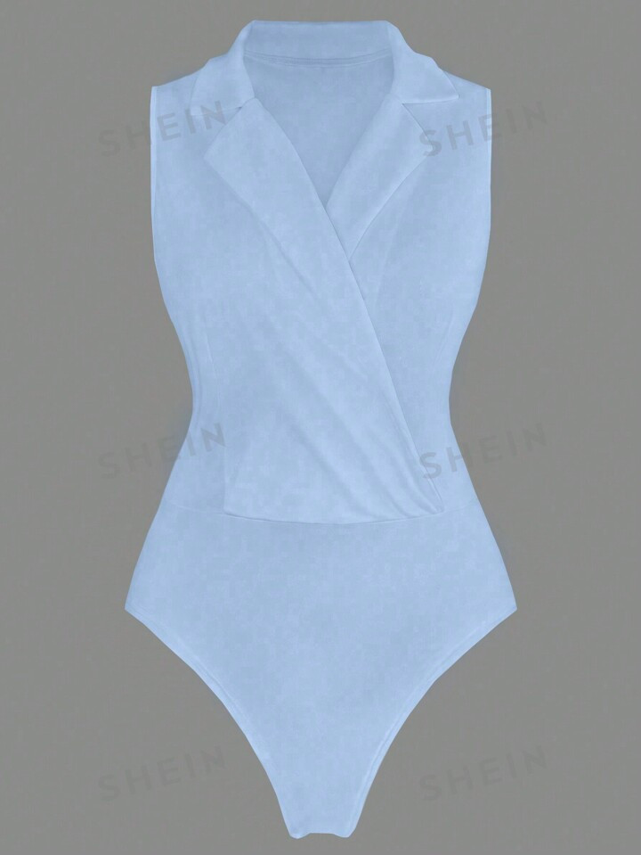 SHEIN Privé Plus Size Solid Color Cross-Wrap Sleeveless Bodysuit For Summer | SHEIN