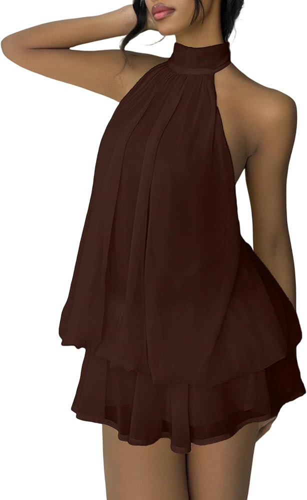 SHINFY Women's Chiffon Halter Flowy Ruffle Backless Birthday Mini Dress | Amazon (US)