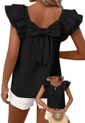 Falechay Womens Bow Tie Back Tops Round Neck Ruffle Short Sleeve Shirts Cute Babydoll Chiffon Tee... | Amazon (US)