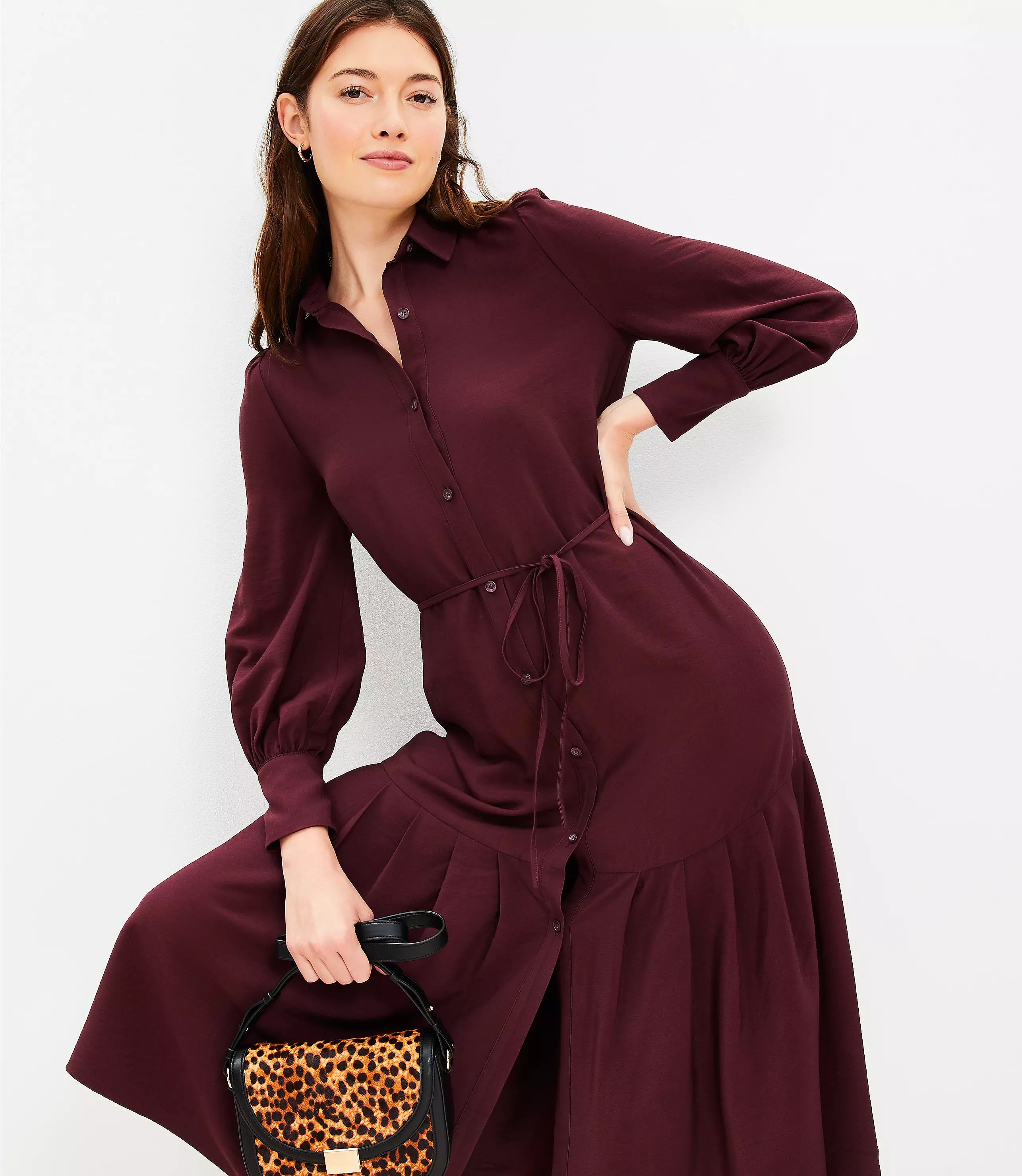 Pleated Tie Waist Midi Shirtdress | LOFT