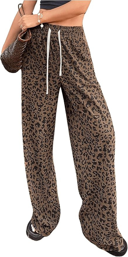 OYOANGLE Women's Graphic Print Drawstring Elastic High Waist Long Pants Y2k Wide Leg Casual Trous... | Amazon (US)