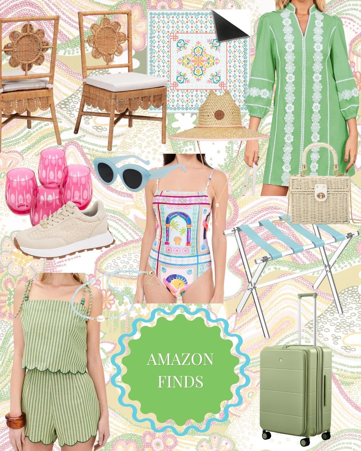 Ready for summer colors, textures, and vacations! I’ve been saving Amazon finds left and right, so I figured it was time for a new roundup of finds and favorites 💕🐠☀️ 

Affordable summer Amazon finds, luggage, luggage rack, home decor, mahjong, summer tablescape, matching set, dining chairs