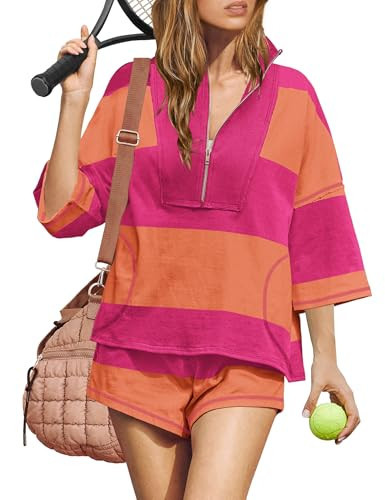 ReachMe Womens Workout Striped Short Sets 2 Piece Travel Outfits Matching Lounge Sets Top and Shorts with Pockets(0 Hot Pink Orange,S) | Amazon (US)
