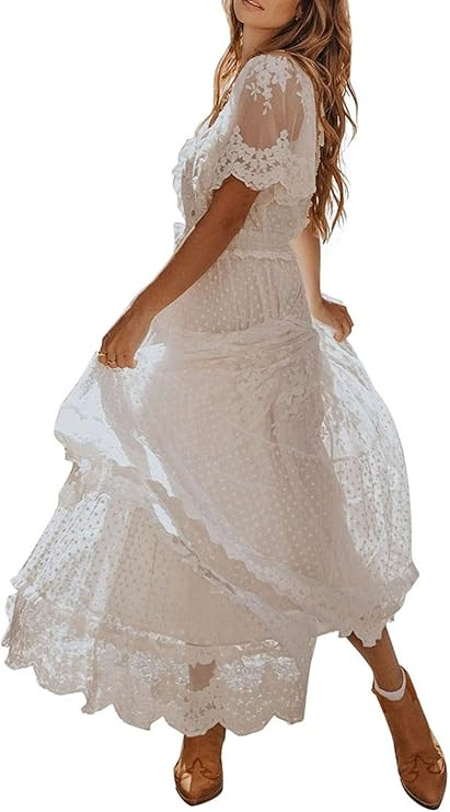 Happy Sailed Womens V Neck Button Down Floral Lace Maxi Dress Short Sleeve Boho Flowy Dresses | Amazon (US)