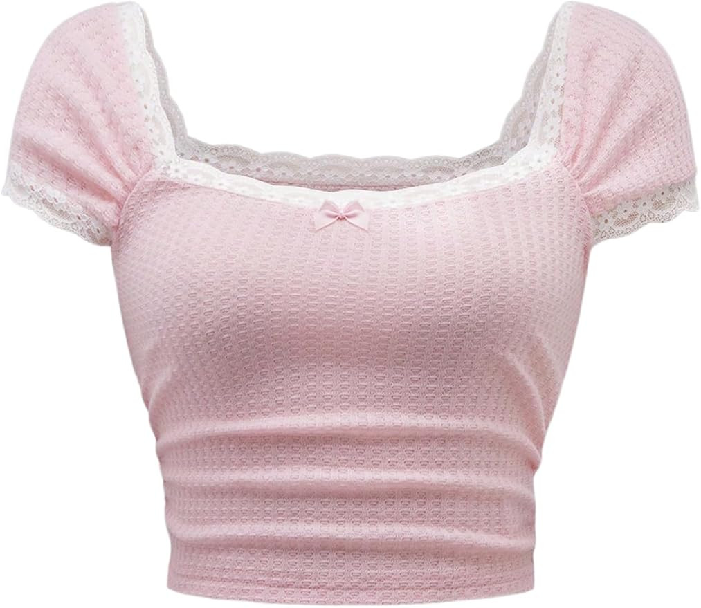 Verdusa Women's Cute Going Out Tops Coquette Crop Tops Bow Square Neck T Shirt | Amazon (US)