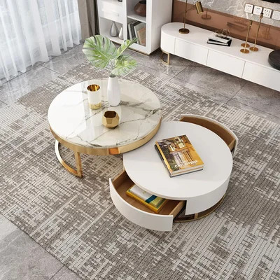 Nesnesis Modern Round Sintered Stone Nesting Wood Coffee Table with Drawers in White-Homary | Homary