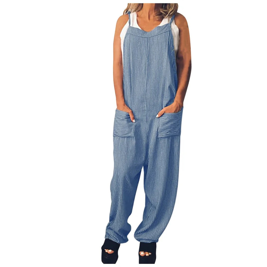 One Piece Jumpsuits For Women Fashion Cotton Sleeveless Sling Strappy Striped Print Romper Blue L | Walmart (US)