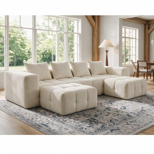 119" Boneless Couch, Cloud Sectional Couch with Deep Seat, High-Density Memory Foam and Chaise, Sectional U Shaped Sofa, Boneless Couches for Living Room, No Assembly Required Tufted Sofa, Beige | Amazon (US)