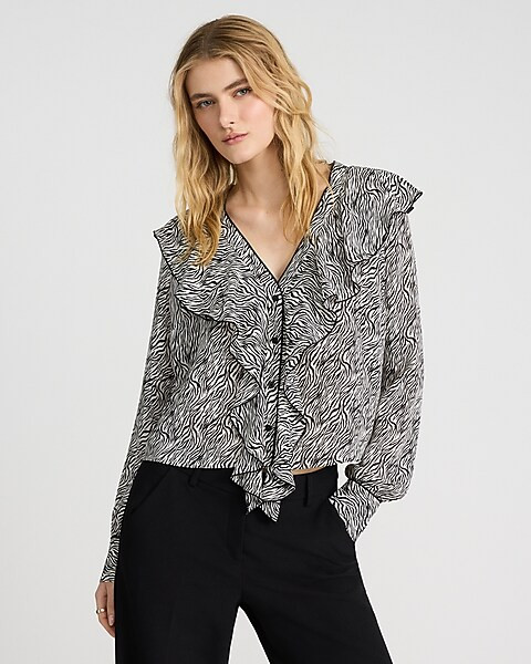 Zebra Print Ruffle Front Long Sleeve Top | Express