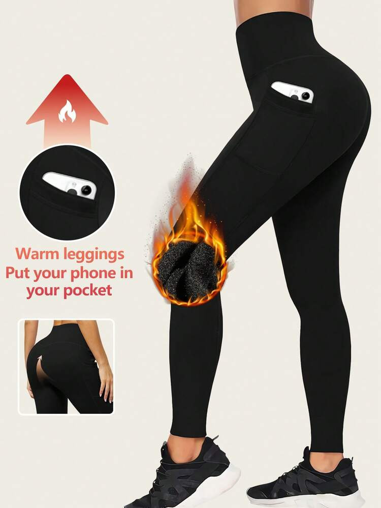 1pc Thermal Lined Black Yoga Leggings With Side Pockets, Autumn/Winter | SHEIN