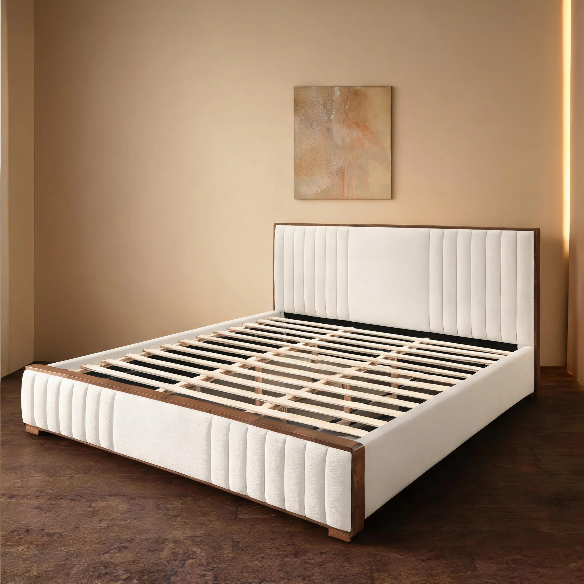 SunJet King Upholstered Bed with Channel Tufted Headboard Warm Brown Chenille and Walnut Finish Frame one_size | Z1ILSEJSJ31I | Lowe's