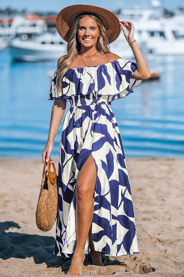 Off-Shoulder Ruffle Maxi Dress with Side Slit for Vacation | Cupshe US