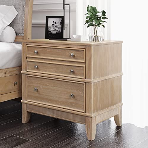 SOFTSEA Farmhouse 3 Drawers Nighstand, Solid Wood Bedside Storage Cabinet Fully Assembled Accent ... | Amazon (US)